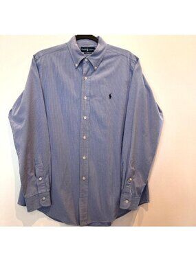 Ralph Lauren Blue & White Striped Custom Fit Button-Down Mens Shirt Size Large
